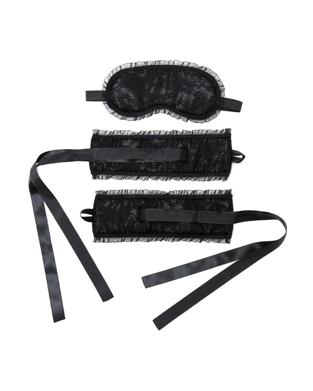 Bondage Satin Look Handcuffs with Mask Black