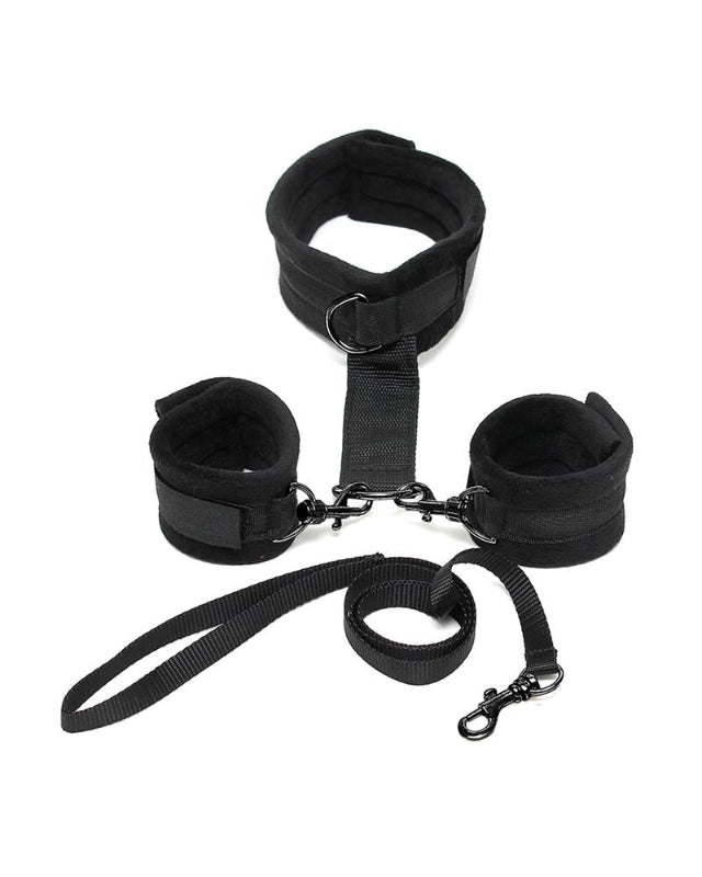 Handcuffs to Collar with Leash Adjustable Black