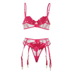 Nora bra thong and garter belt Set with Flowers Fuchsia