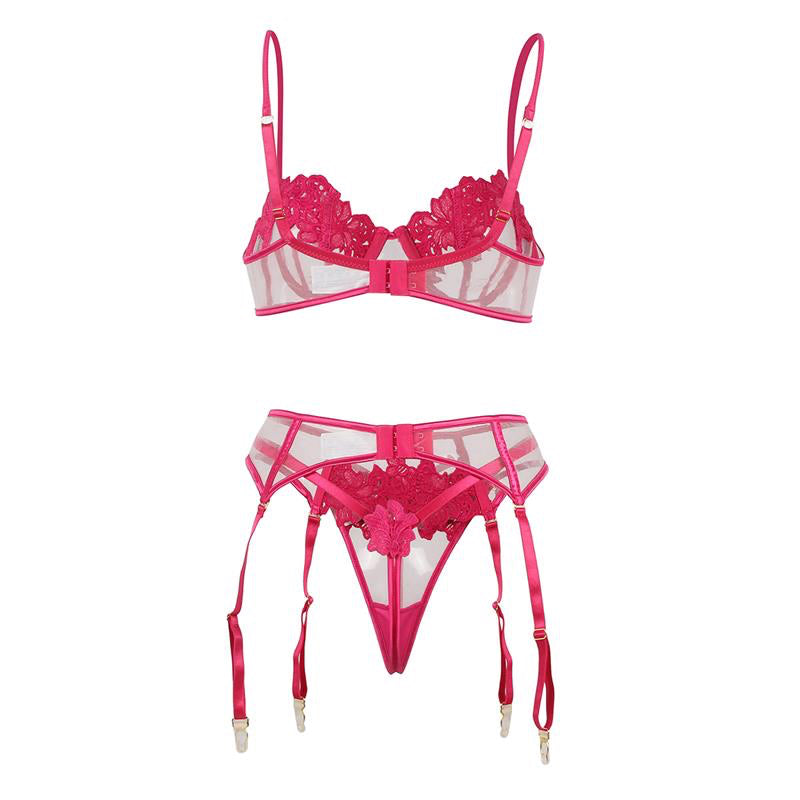 Nora bra thong and garter belt Set with Flowers Fuchsia