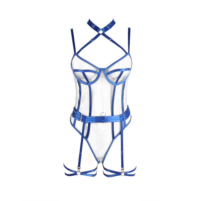 Killye Mesh Teddy with Strasps and Leg Rings Blue