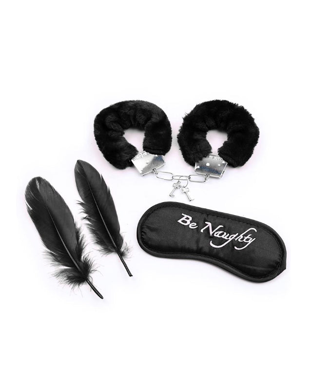 3 Pieces Set Mask Handcuffs and Feathers Black