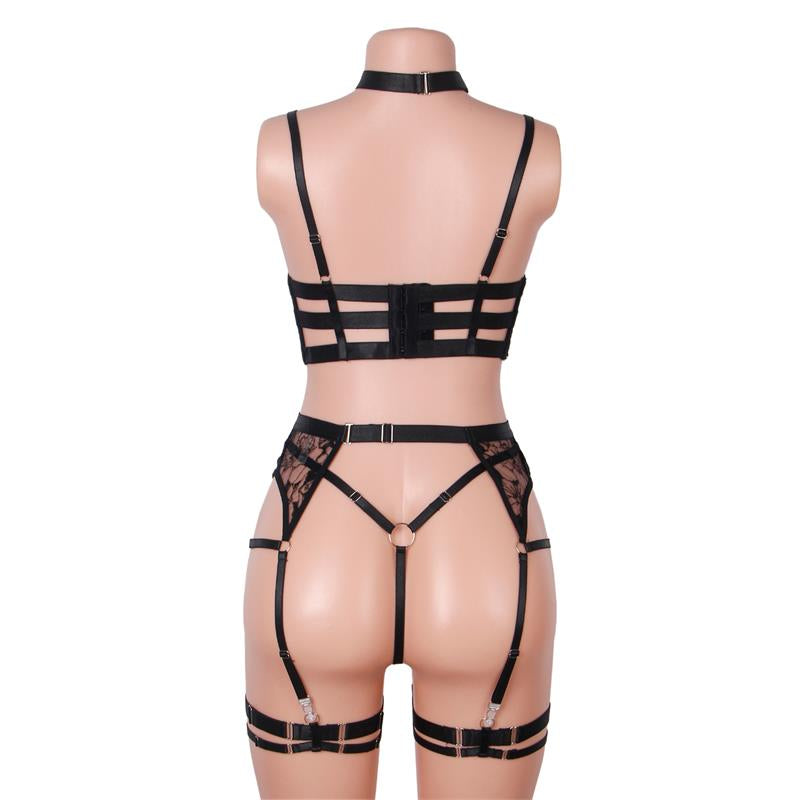 Hyacinth Bra Garter Set and Thong Black
