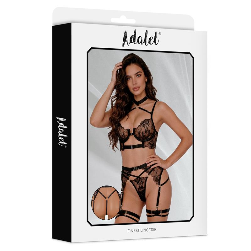 Hyacinth Bra Garter Set and Thong Black