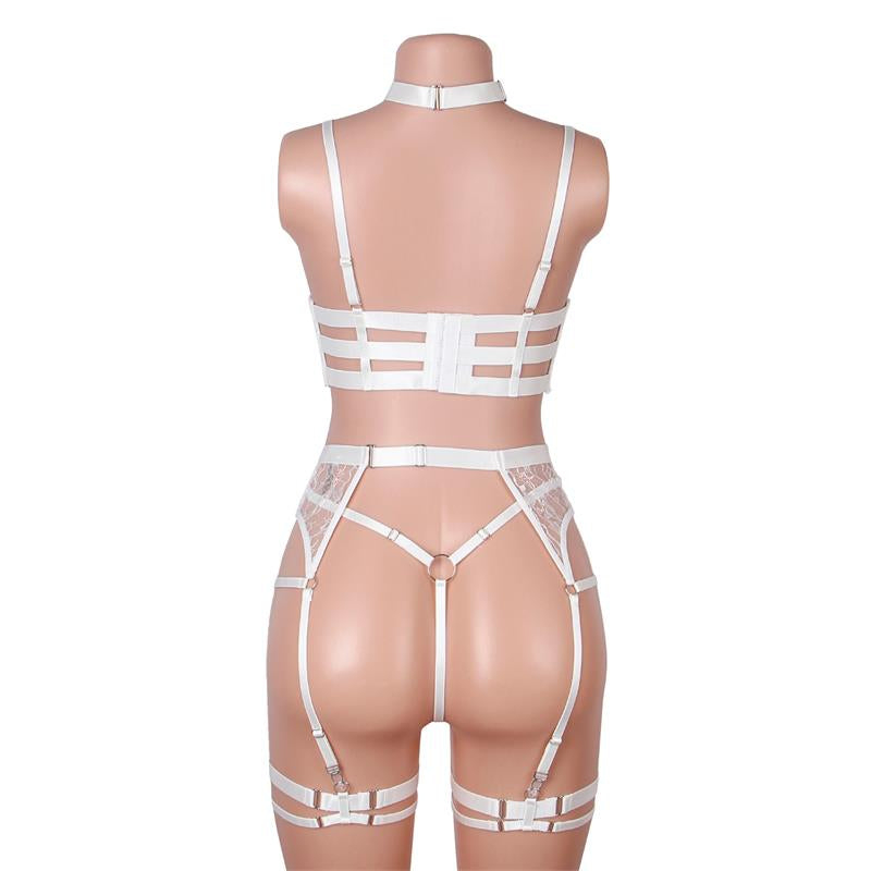 Hyacinth Bra Garter Set with Thong White
