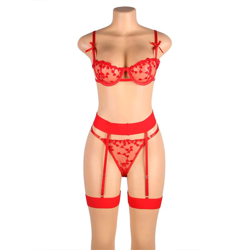Yvonne bra thong and garter belt Set with Hearts Red