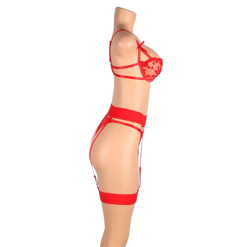 Yvonne bra thong and garter belt Set with Hearts Red